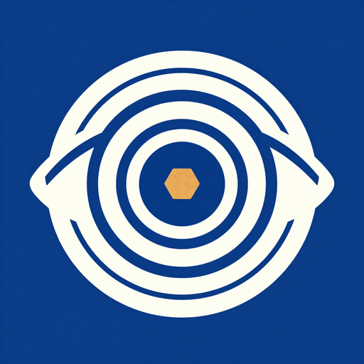 Flock Clocker app icon: a watching eye with concentric rings and an amber hexagon center on a deep civic-blue field